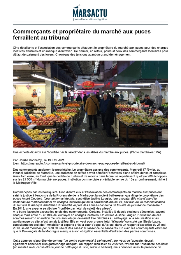 Article de Marsactu : les commerçants du marché aux Puces devant le Tribunal Judiciaire de Marseille
