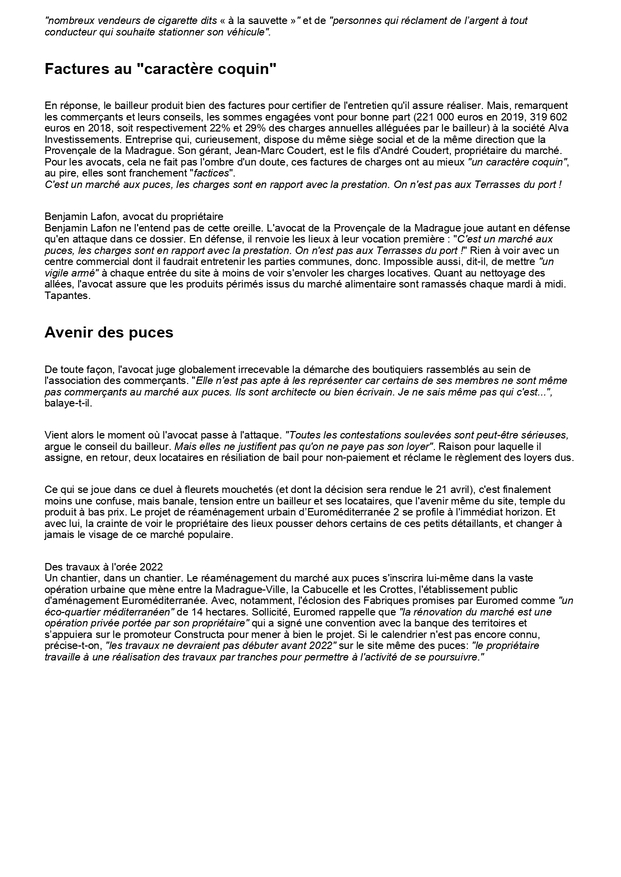 Article de Marsactu suite : les commerçants du marché aux Puces devant le Tribunal Judiciaire de Marseille